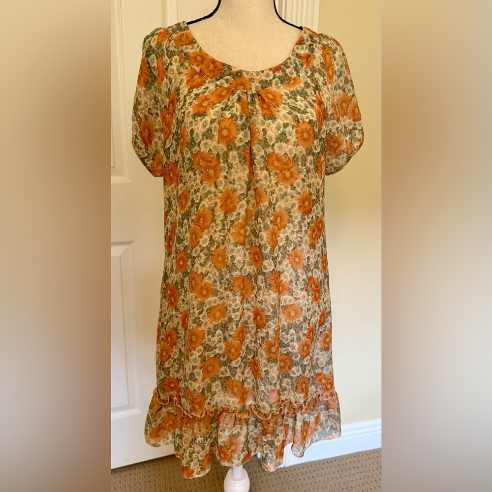 Karma Orange and White Floral Mini Dress Short Sleeve, Size M